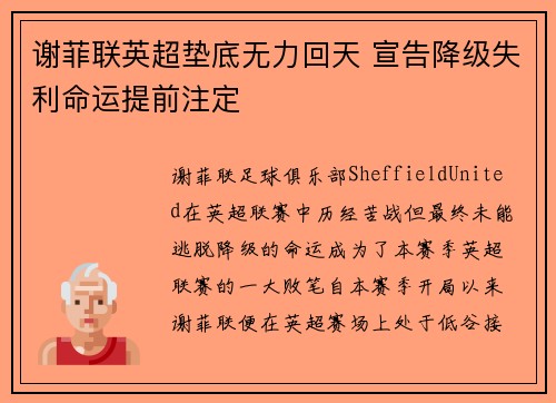 谢菲联英超垫底无力回天 宣告降级失利命运提前注定 谢菲联英超垫底无力回天 宣告降级失利命运提前注定