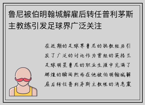 鲁尼被伯明翰城解雇后转任普利茅斯主教练引发足球界广泛关注